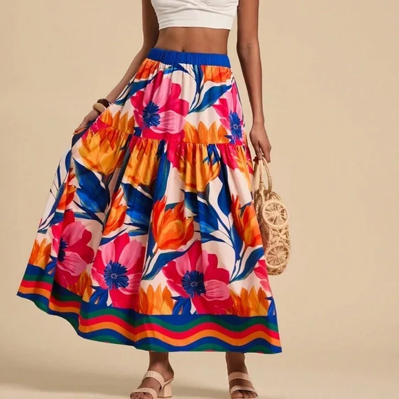 Boho Floral Tropcial Print Stretchy Waist Maxi Skirt